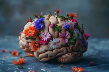 A closeup of a wrinkled human brain with vibrant flowers blooming from its crevices, symbolizing the link between creativity and the mind 