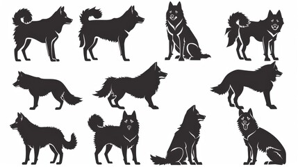 This image features a set of black dog silhouettes in different behaviors and expressions, ideal for animal studies or illustrative pet projects