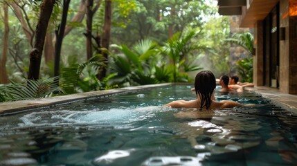 Spa guests enjoying a hydrotherapy session in a tranquil pool surrounded by lush greenery, emphasizing the natural beauty of the environment.