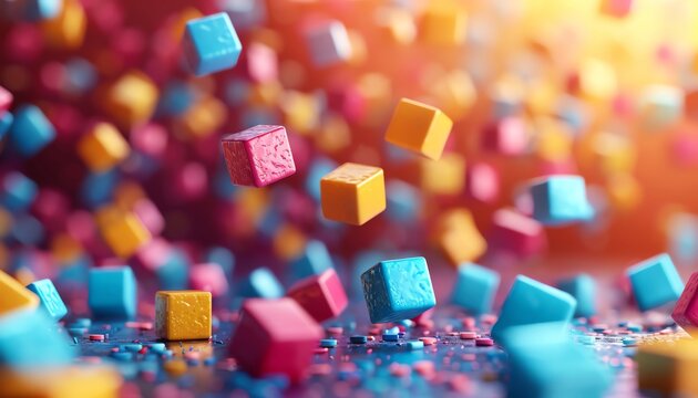 Colorful 3D cubes falling and bouncing on a reflective surface
