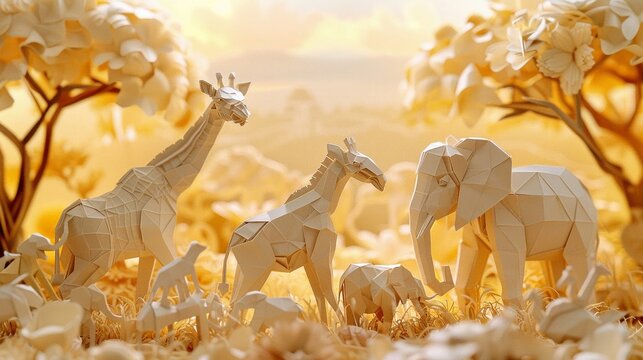 Delicate origami scene featuring paper giraffes and elephants amidst a crafted paper savannah, showcasing wildlife in a unique art form