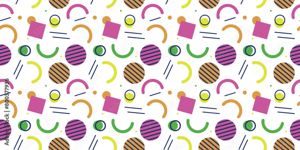 Fototapete Bright Memphis - circles, squares and arcs. Seamless simple and colorful memphis pattern.