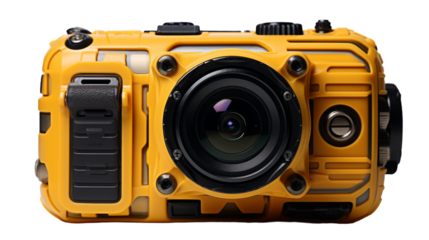 A vibrant yellow camera with an attached lens, capturing light and shadows with precision on transparent background