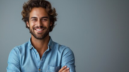 Happy young smiling confident professional business man wearing blue shirt, pretty stylish male executive looking at camera, standing arms crossed at grey background concept.