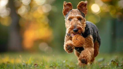 An adorable Airedale Terrier dashes across the grass, toy in mouth embodies the essence of playfulness and energy in pets