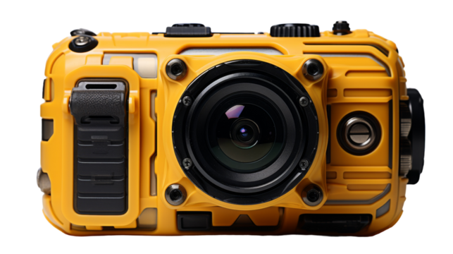 A vibrant yellow camera with an attached lens, capturing light and shadows with precision on transparent background