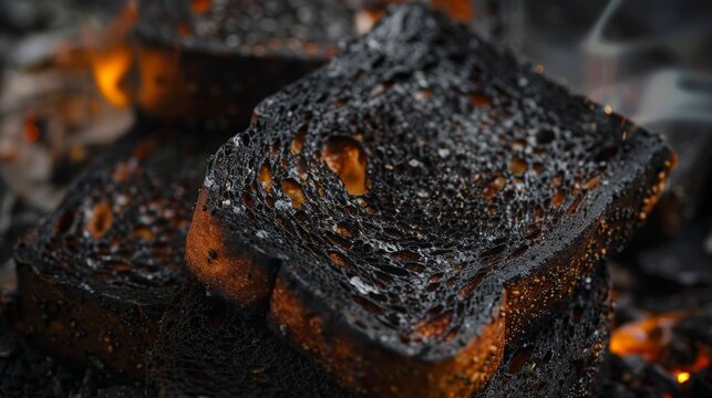 A closeup of burnt toast, blackened and inedible, representing a disappointing outcome or a situation gone wrong  