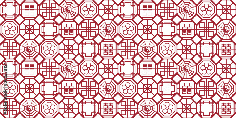 Aufkleber Asian tiles of different patterns. Red color and vector seamless tile pattern.