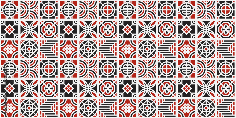 Fototapete asian tiles of different patterns. black and white seamless pattern with japanese content.