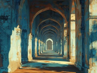 Majestic Architectural Corridor of an Ancient Palace or Castle with Intricate Arched Hallway and Dramatic Lighting