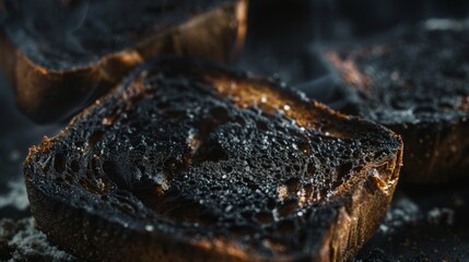 A closeup of burnt toast, blackened and inedible, representing a disappointing outcome or a situation gone wrong  