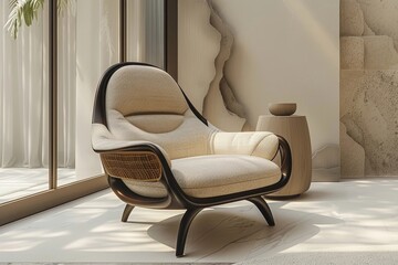 Matte Leather and Wood Chair in Cozy,Sunlit Interior