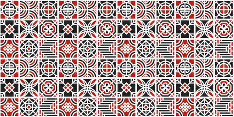 Asian tiles of different patterns. Black and white seamless pattern with Japanese content.