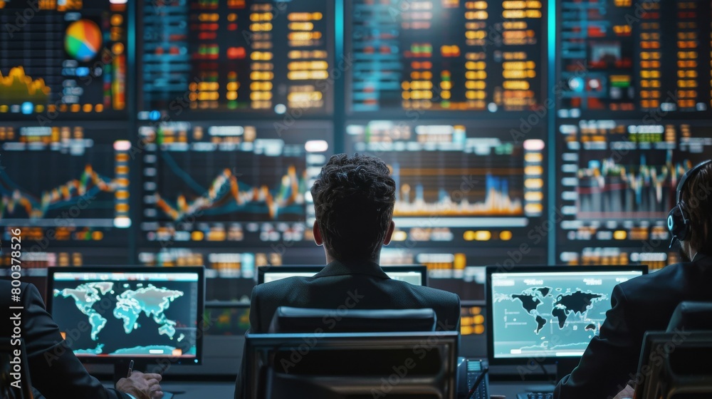 Wall mural team of analysts reviewing global financial markets on multiple screens in a network operations cent