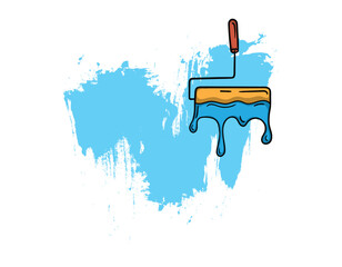 A bright illustration of a roller with strokes of blue paint on a white background. Vector editable design