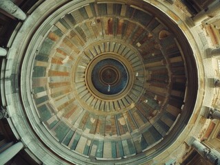 A circular perspective of the inner architecture and layout of a building, showcasing the design and spatial arrangement within