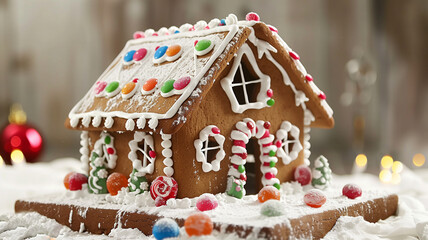 A gingerbread house decorated with candy and icing.
