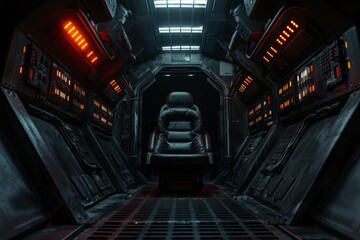 Obraz premium A dark and cramped spaceship escape pod with a single emergency seat and blinking warning lights The scene evokes a sense of tension and potential danger 
