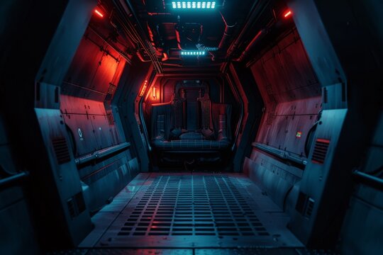 A dark and cramped spaceship escape pod with a single emergency seat and blinking warning lights The scene evokes a sense of tension and potential danger 