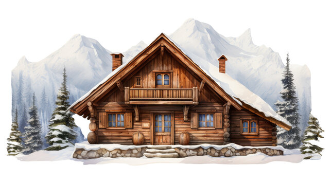 A detailed drawing of a charming log cabin nestled in the serene beauty of a snowy landscape on transparent background