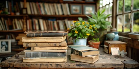 Stack of books neatly arranged on a wooden table