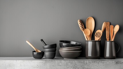 Harmonious kitchen still life with matte black bowls and natural wooden utensils against a gray backdrop