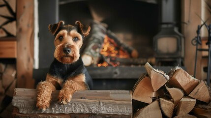 While the dog's face is hidden, its paws rest on the wood, suggesting comfort by the fireplace