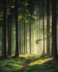 Obraz premium Early morning mist weaving through a forest of tall trees, captured in a sweeping panoramic shot that highlights the vastness and mystery of the woods