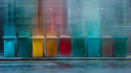 Colorful trash bins in city aligned for recycling waste management . Concept Waste Management, Recycling Bins, City Environment, Urban Infrastructure, Sustainability