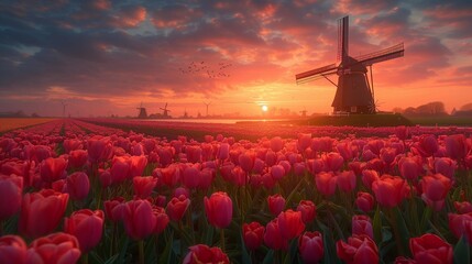 Dutch Dream: Traditional Windmill Amongst Tulip Blooms, generative ai - obrazy, fototapety, plakaty