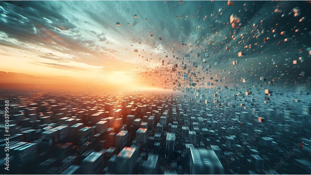Poster Digital landscape of a data city dissolving into pixels and bits against a dramatic sunset sky, symbolizing data transformation.