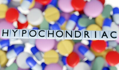 A 3d rendering of  hypochondriac on the blocks with variety of drugs 