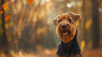 Warm-toned image featuring a dog enjoying the gentle sunlight filtering through autumn leaves in a forest