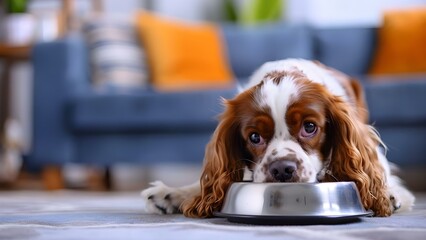 Hungry English springer spaniel eagerly eating from metal bowl in living room. Concept Pet photography, Springtime meal, Eager eater, Joyful pet portraits