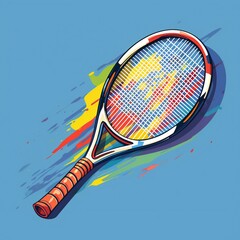 illustration of tennis racket, created as very artistic painterly style for your design, isolated on blue