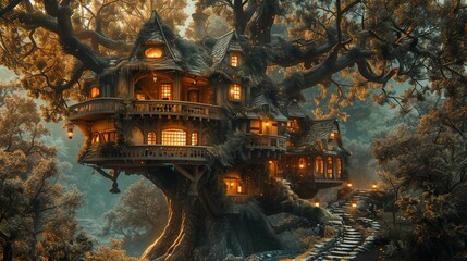 Obraz premium Enchanted Treehouse Haven, generative ai