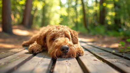 This heartwarming image captures a relaxed dog lounging on a wooden pathway surrounded by forest greenery