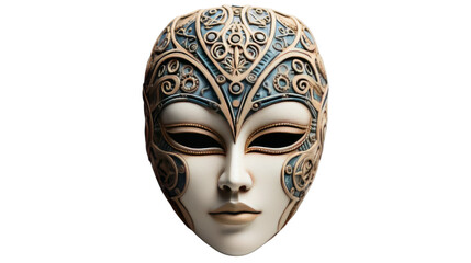 A white mask adorned with intricate designs in an elegant display on transparent background