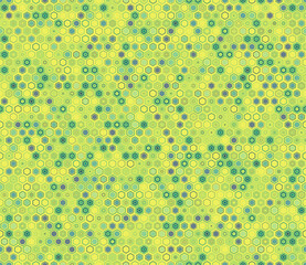 Pattern of hexagon shapes. Geometric elements of varied style and color. Regular hexagon shapes. Tileable pattern. Seamless background. Authentic vector illustration.