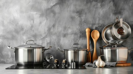 Elegant stainless steel cookware and wooden kitchen tools on a modern countertop