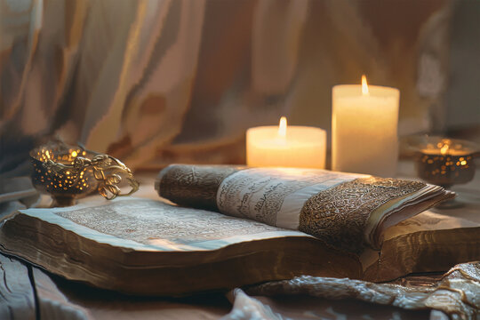 Torah and two Shabbat candlesticks with burning candles on a wooden table.