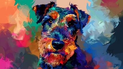 This artwork features an Airedale Terrier with a vivid explosion of colors in the background, emphasizing the pet's lively spirit
