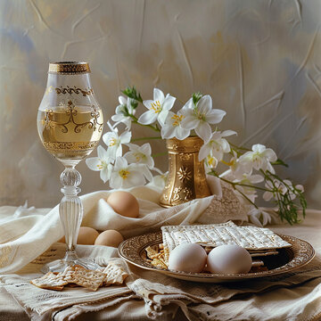 Passover, Passover holiday, Passover composition, wine, matzo, egg, greens, traditional Jewish Passover dishes. Warm, cozy, soft evening light, atmospheric style, festive Jewish faith.