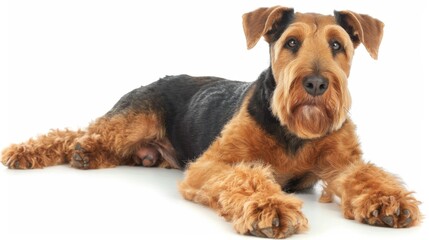 The image plays with focus by blurring the face of a prone Airedale Terrier, emphasizing its body