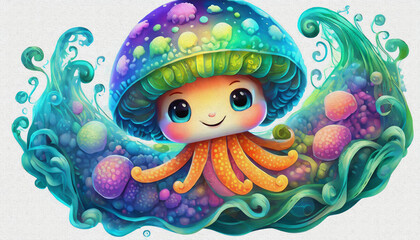 oil painting style CARTOON CHARACTER CUTE baby Luminous  luminous jellyfish  in deep sea,