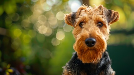 Close-up portrait of a curious Airedale Terrier with a blurred bokeh background emphasizing its features - obrazy, fototapety, plakaty