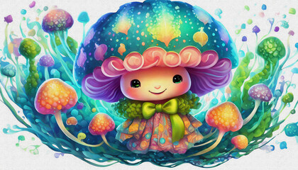 oil painting style CARTOON CHARACTER CUTE baby Luminous  luminous jellyfish  in deep sea,