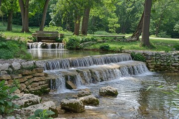 calm beautiful waterfall on a sunny day professional photography