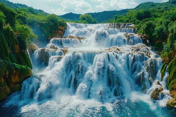 calm beautiful waterfall on a sunny day professional photography