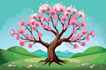 A large tree with pink blossoms is in a field